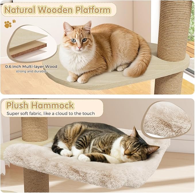 Erinnyees Cat Tree, Floor to Ceiling Cat Tree Height (86-105 in) Adjustable Cat Tower 6 Tier Hemp Scratching Post Cats Activity Center Removable Washable Pads