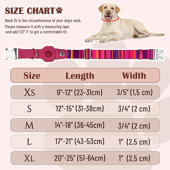 AirTag Dog Collar for Small Medium Large Breed - Adjustable Cute Pattern Dog Collar with Airtag Holder - Soft Leather Tracker GPS Apple Air Tag Pet Collars (Medium, 14"-18" Neck Fit, Striped)