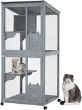 69-Inch Catio, Wooden Cat Enclosure, 4-Tier Cat House w/Waterproof Roof, Removable Tray, Nesting Box and Lockable Caster, Indoor and Outdoor Use, Easy to Clean, Multiple Accesses, Grey