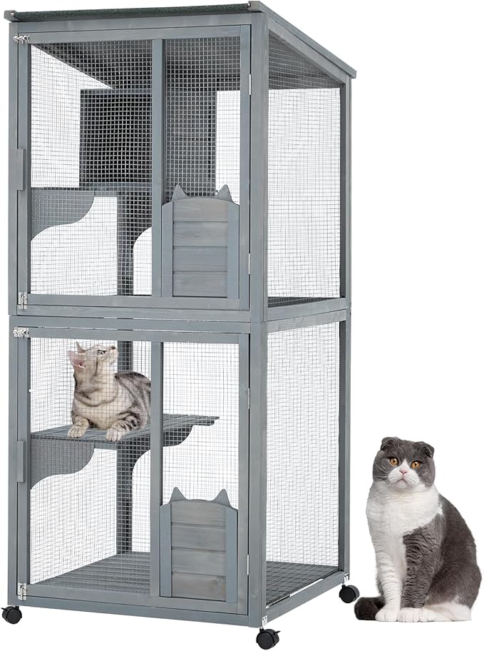 69-Inch Catio, Wooden Cat Enclosure, 4-Tier Cat House w/Waterproof Roof, Removable Tray, Nesting Box and Lockable Caster, Indoor and Outdoor Use, Easy to Clean, Multiple Accesses, Grey