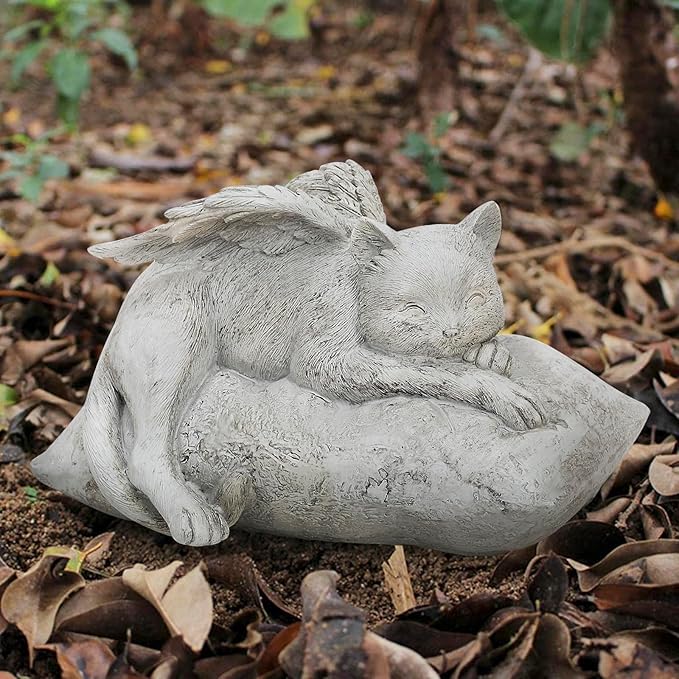 Holiberty Cat Angel Figurine Memorial Pet Stone Statue - Garden Grave Monument Marker Decor - Polyresin Dog Angel Figures Tombstone Sculpture Ornament - Loss of Kitten Sympathy Gift