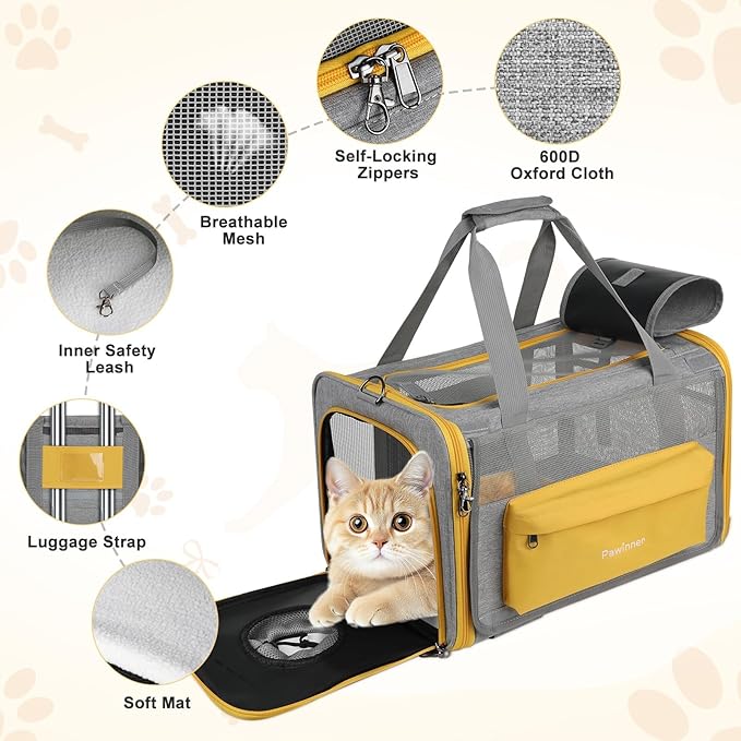 Pawinner Cat Carriers, 17.7"x13"x13" Collapsible Pets Travel Carriers Dog Carrier Pet Carrier(Up to 20lbs), Waterproof Airline Approved Soft Sided, Car Travel Portable Bag for Big Cats/Small Dogs