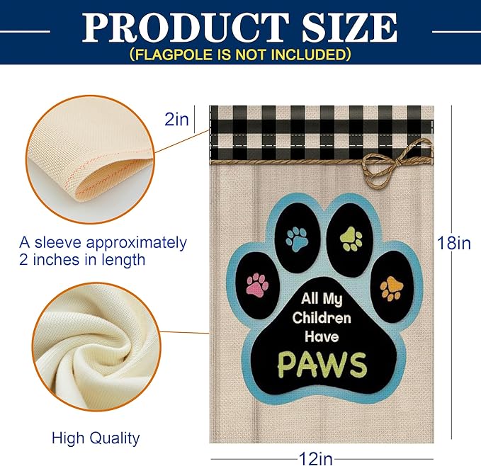 12x18 All My Children Have Paws Garden Flag Cat Paw Print Black Gingham Outdoor Decor for Pet Lovers Porch Yard Patio Decorations