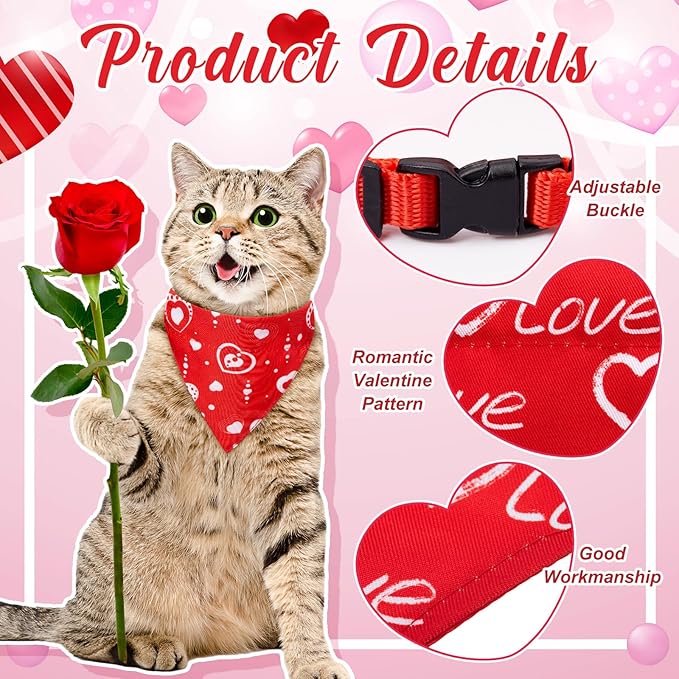 Sanwuta 10 Pcs Mother's Day Cat Collar Bandanas, Breakaway Adjustable Kitty Triangle Scarf with Red Pink & Black Heart Prints, Cute Cat Costume for Mom Gift, Photos & Spring Party