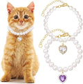 2pcs Cat Pearl Collar with Heart Pendant, Cute Pearl Pet Necklace in Small, Adjustable Wedding Party Small Dog Jewelry Accessories for Puppy Kitten- White & Purple