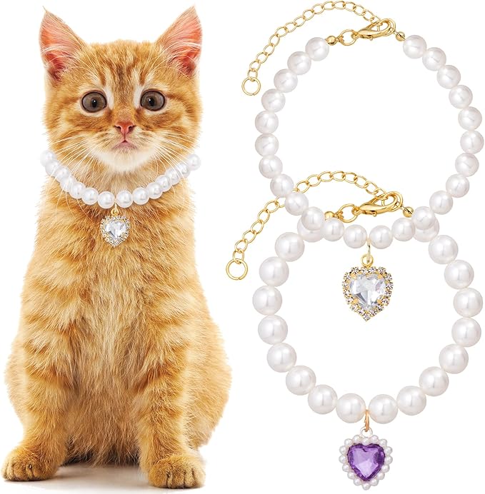 2pcs Cat Pearl Collar with Heart Pendant, Cute Pearl Pet Necklace in Small, Adjustable Wedding Party Small Dog Jewelry Accessories for Puppy Kitten- White & Purple