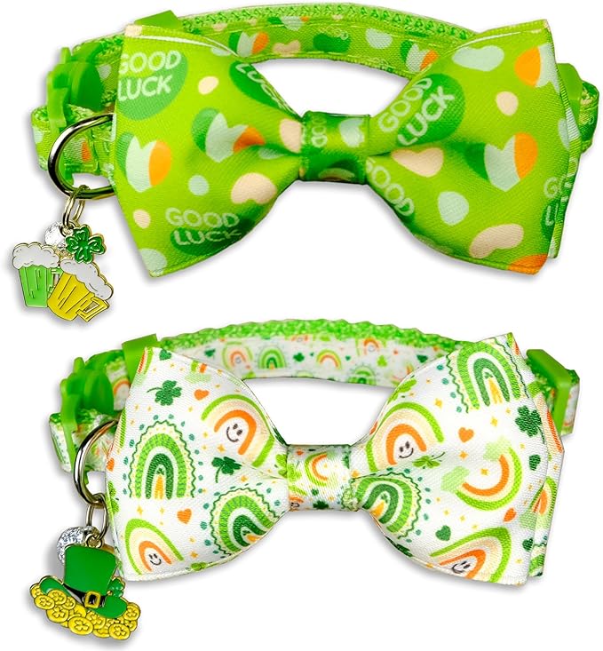 2 Pack St. Patrick's Day Cat Collars with Bow Tie and Charms, Adjustable Breakaway Shamrock and Clover Collars for Cats and Kittens, Holiday Festive Design for Boys and Girls