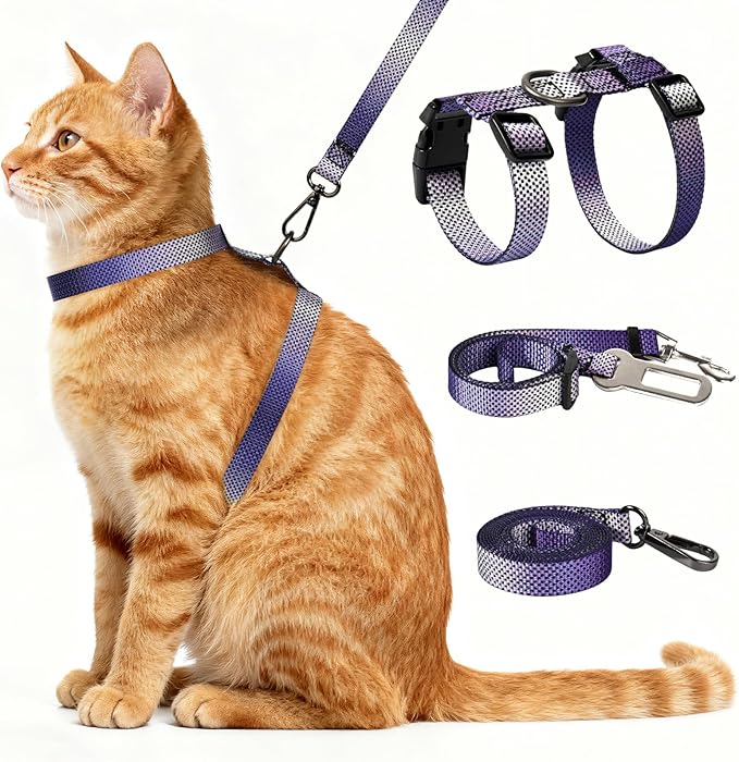Cat Harness and Leash Set, 3-in-1 Escape Proof Adjustable, Comfortable Soft Lightweight, Safe, Easy to Wear, Walking Travel Kitten Harness for Small Medium Large Cats (Purple)