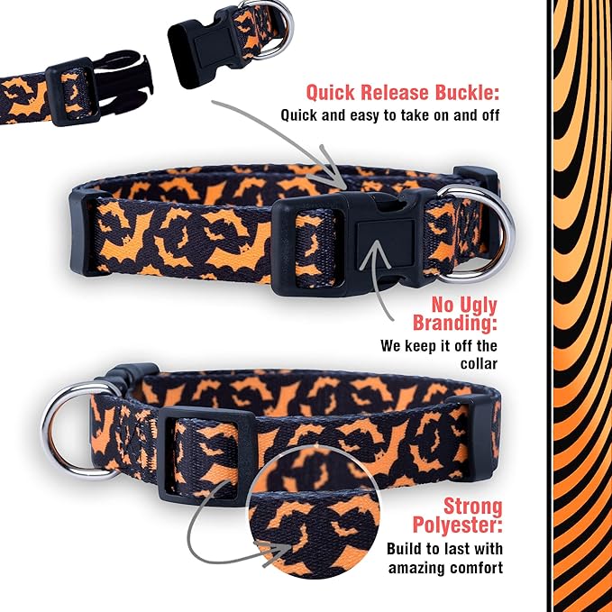 Native Pup Halloween Dog Collar- Spooky Fall Themed Horror Costume Collars- Skull, Pumpkin, Ghost, Bat, Witch, Candy Corn, Spider- Adjustable for Small, Medium, Large Breeds (Small, Orange Bats)