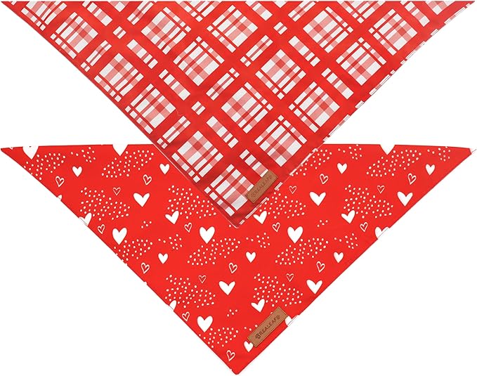 Realeaf Valentine's Day Dog Bandanas 2 Pack, Reversible Red Plaid Heart Dog Scarf for Boy and Girl, Premium Durable Fabric, Holiday Love Bandana for Large and Extra Large Dogs Pets (Small)
