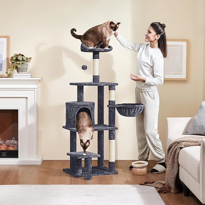 Yaheetech 57in Multi-Level Cat Tree Tower with Extended Platform, Padded Perch, Scratching Posts, and Ball — Indoor Activity Center for Large Cats