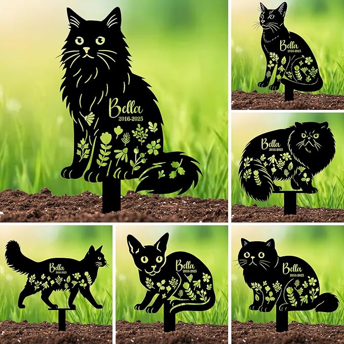 Custom Cat Grave Markers Outdoor - Personalized Cat Metal Memorial Plaque with Stake for Cemetery, Garden or Yard Decor - Waterproof Tombstone, Pet Loss Sympathy Gifts