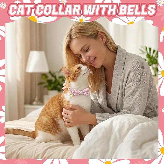 6 Pack Breakaway Cat Collars with Bow Tie and Bell Floral Kitten Cat Collars Adjustable Cat Bowtie Collar with Pendants for Girl Boy Kitten Cats