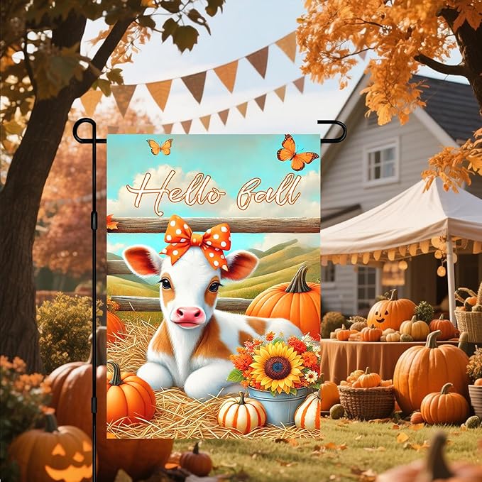 Hello Fall Garden Flag Cute Calf Cow Flag 12x18 Inch Polka Dot Bow Hay Pumpkins Sunflowers Double Sided Outdoor Banner For Front Yard Porch Lawn Patio Seasonal Home Decor Rustic Autumn