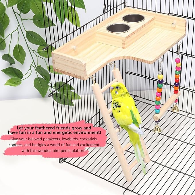 kathson Bird Perches Platform with Climbing Ladder and Swing,Parrot Cage Playground Toys with Food Cups,Parakeet Playing Gyms Wooden Exercise Training Stands for Budgie,Lovebird,Cockatiels