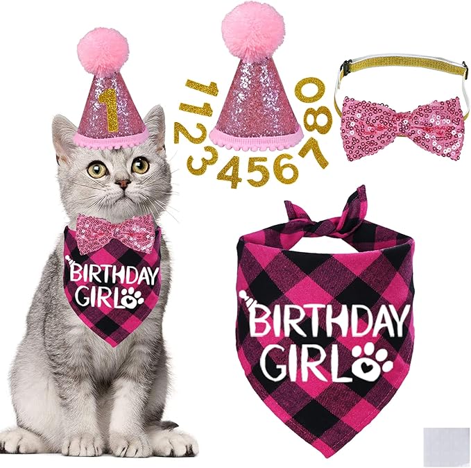STMK Cat Birthday Decorations, Cat Birthday Hat with Numbers Bandana Bow Tie Collar for Cats Kittens Birthday Outfits (Pink)