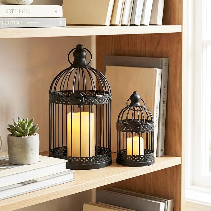 Vela Lanterns Bird Cage Decor Candle Holder Lantern Decorative Table Centerpiece Halloween Decorations, Black, Set of 4