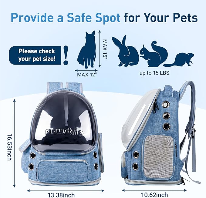 Pawstrip Cat Backpack Carrier with Large Space Bubble Window, Airline Approved Breathable Pet Carrier for Small Dogs Cats up to 15lbs, Foldable for Travel Hiking & Outdoor Use