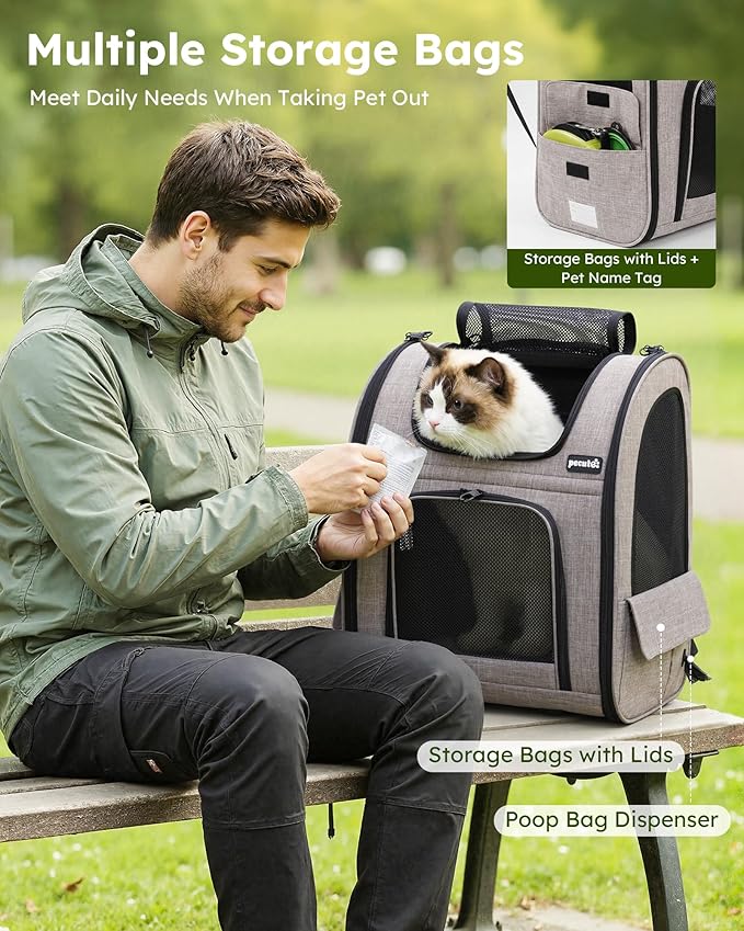 Pecute Cat Backpack Carrier XL, ExpandablePet Backpack for Cats & Small Dogs Up to 15lbs, with 4-Side Breathable Mesh, Multi-Entry & Lockable Zippers for Travel, Hiking, Camping - Hands Free, Khaki