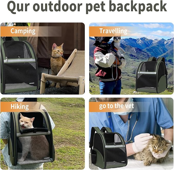 Cat Backpack Carrier for Small Dogs and Medium cat Puppy Kitten Bunny Pet Carrier Backpack Collapsible with Fully Ventilated Mesh with Safety Leash (DarkGreen, 12.9" L x 10.62" W x 15.5" H - M)