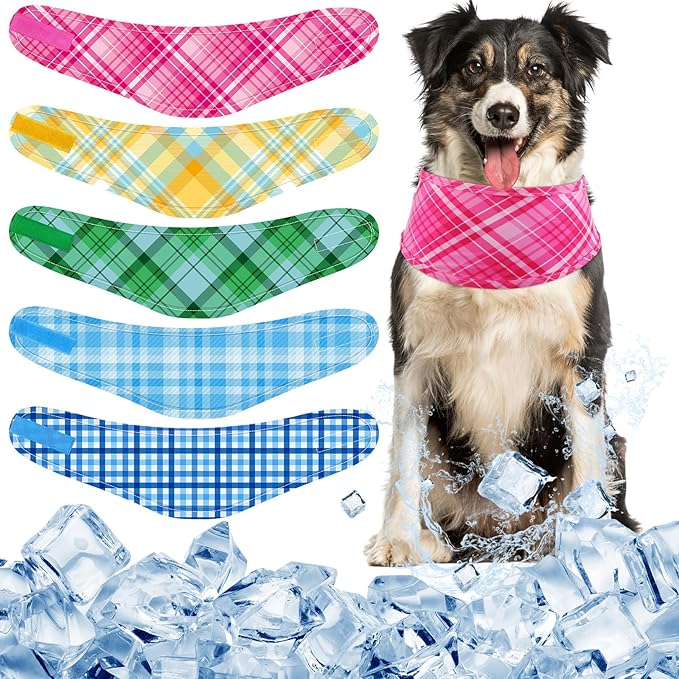 Talltalk 5 Pieces Dog Cooling Bandanas Neck Wraps Ice Scarf Pet Dog Cooling Collar Hunting Training Hiking Camping Accessories for Summer(Plaid,L)