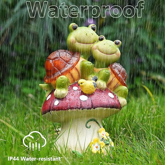 Solar Light Turtle Garden Statue, Turtle on Mushroom Figurine, Lovely Tortoise Garden Statue with 5 LED Lights for Patio, Balcony, Yard, Housewarming, Outdoor Lawn Ornament, Valentines Day Decorations