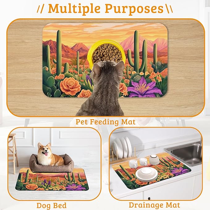 Pet Feeding Mat,Cactus Absorbent Dog Cat Food Mat Desert Dog Mat with Rubber Backing,Non-Slip Water Bowl Placemat,Pet Supplies 16" x 24"