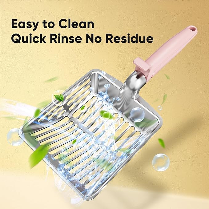 Metal Cat Litter Scoop, Large Cat Scooper with Deep Shovel & Dual Sifting Holes for Fast & Precise Sifting, Space Aluminum Kitty Litter Scooper with Long Handle & Easy-to-Hang Hook - Pink