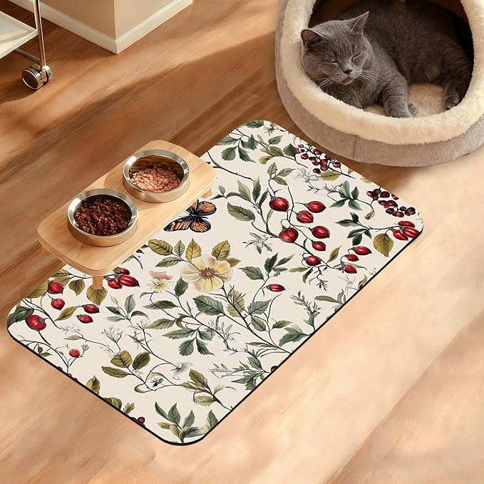 Butterfly Flower Dog Food Mat,Vintage Berry Absorbent Pet Feeding Mat for Food and Water Bowl,Quick Dry Dog Placemat Non Slip Rubber Backing Waterproof Pet Supplies 12" x 20"