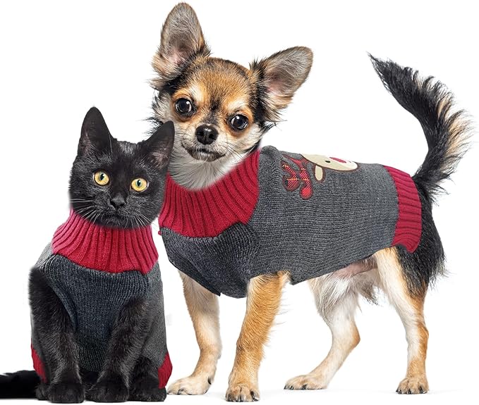 Dog Christmas Sweater Xmas Pet Clothes Cute Gray Reindeer Holiday Puppy Cat Costume New Year Gifts for Small Medium Large Dogs Jumpers (M, Gray Reindeer)