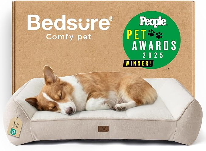 Bedsure SupportMax™ Orthopedic Dog Bed Medium Size Dog - Extra Thick Supportive Medium Dogs Beds with Waterproof Washable Cover, Comfort Pet Bed Sofa with Soft Sherpa and Nonskid Bottom, Beige, 35"