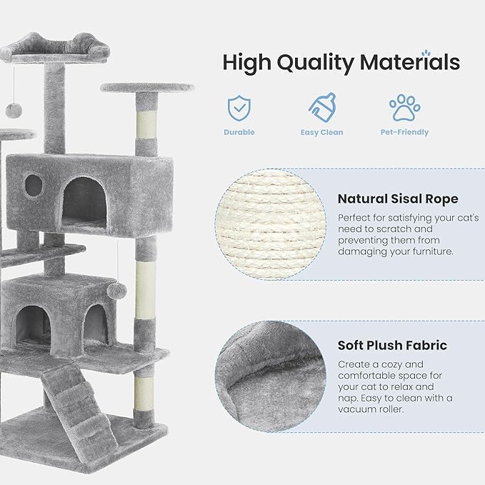 54 Inches Cat Tree Tower for Indoor Cats, Cat Tree Tower Condo with Scratching Post for Cats House Play, Multi-Level Furniture Activity Center for Pet, Sisal Rope, Light Gray