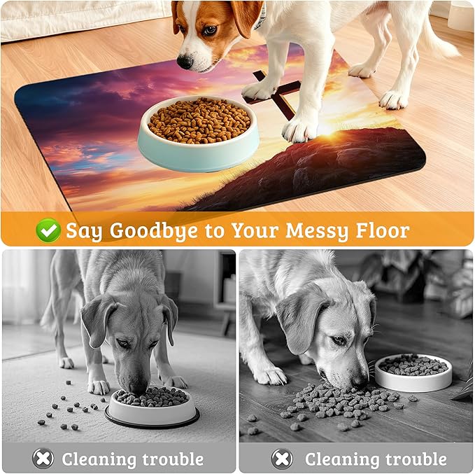 Pet Feeding Mat,Cross Absorbent Dog Cat Food Mat Sunset Dog Mat with Rubber Backing,Non-Slip Water Bowl Placemat,Pet Supplies 16" x 24"
