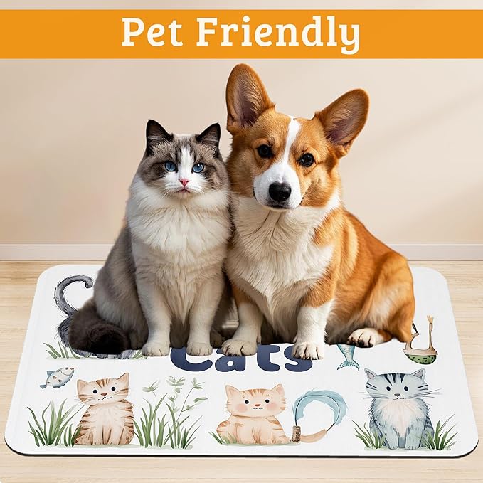 Cats Dog Food Mat,Cute Fun Absorbent Pet Feeding Mat for Food and Water Bowl,Quick Dry Dog Placemat Non Slip Rubber Backing Waterproof Pet Supplies 16" x 24"