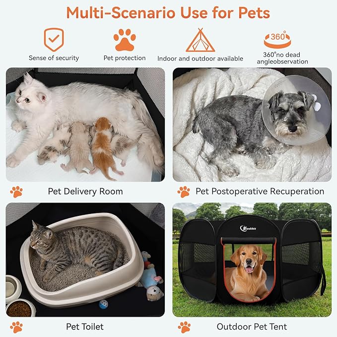 Dog Playpen, Large Puppy Pet Playpen, Dog Crate Tent Cage Indoor/Outdoor, Portable Pop Up Dogs Kennel Playpen with Carrying Case for Dogs/Cats/Rabbitss, Black