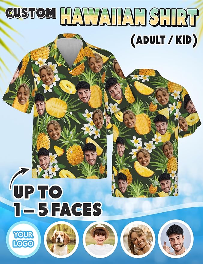 Custom Hawaiian Shirt with Face Photo Picture for Men Women Kids Youth Adult, Tropical Personalized Hawaiian Shirts Gift