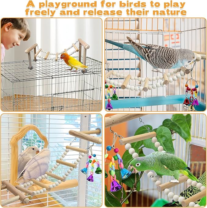 PINVNBY 3PCS Bird Ladder Bridge, Natural Wood Climbing Ladders Flexible Parrot Swing Toys for Parakeets, Cockatiels, Lovebirds, Amazon Parrots, Conures (11 x 6.3 x 6.7 inches)
