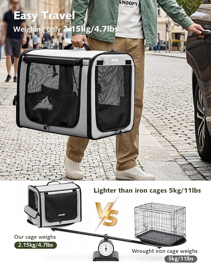 Pecute Dog Car Carrier Light Weight 19.7×16.9×14.8in, Dog Carrier Easy to Assemble, Dog Car Crate Portable and Breathable,Pet Carrier for Indoor and Outdoor, Dog Travel Crate with Curtain Gray
