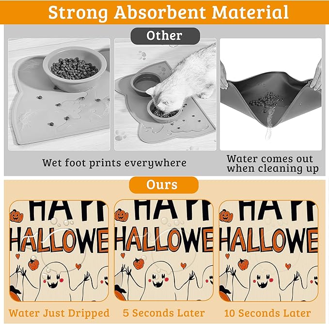 Pumpking Bat Dog Cat Food Mat,Halloween Absorbent Waterproof Placemat for Food and Water Non Slip Rubber Backing Durable Feeding Pad for Clean Floors 16" x 24"
