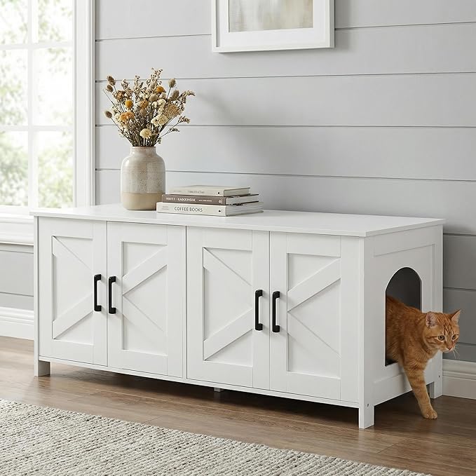 Homhedy Cat Litter Box Enclosure For 2 cats, Litter Box Furniture Hidden with Double Room,Wooden Cat Washroom Furniture,Cat House,47.2”L x 19.7”W x 19.7”H,White