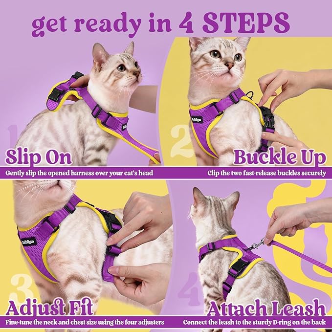 rabbitgoo Cat Harness and Leash for Walking, Escape Proof Soft Adjustable Vest Harnesses for Cats, Easy Control Breathable Reflective Strips Jacket, Purple&Yellow,XXS
