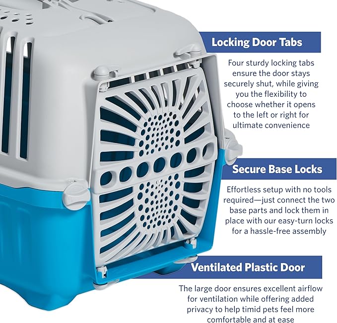 MidWest Homes for Pets Spree Travel Carrier – Hard-Sided Dog & Cat Carrier, Small Pet Travel Crate with Handle, Ventilated Design, Durable Plastic Door, Easy Assembly, 19-Inch, Blue