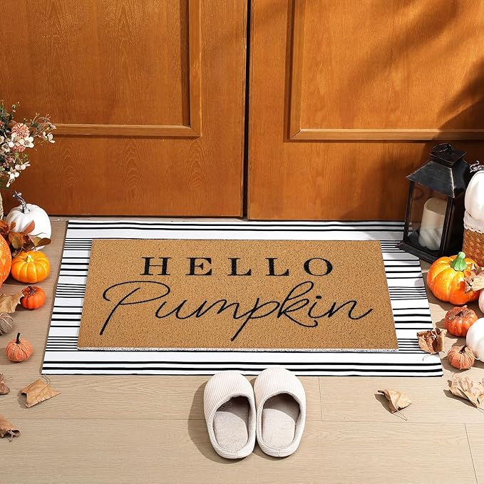 Tinideya 2 Pcs Door Mat Welcome Non Slip Coir Mats Floor Layering Doormats Seasonal for Front Porch Entryway Decor(Hello Pumpkin)