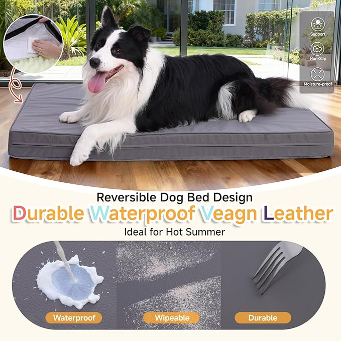 Waterproof Dog Bed for Crate - Outdoor Crate Pad for Medium Dogs, Orthopedic Egg Crate Foam, Anti-Slip, Reversible & Washable Cover, 35" x 22", Gray