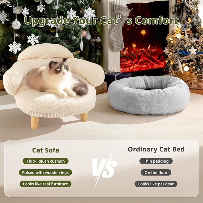 Cat Sofa Furniture-Style Pet Bed with Removable Cotton Velvet Cover, Solid Pine Wood Legs, for Cats and Small Dogs, White