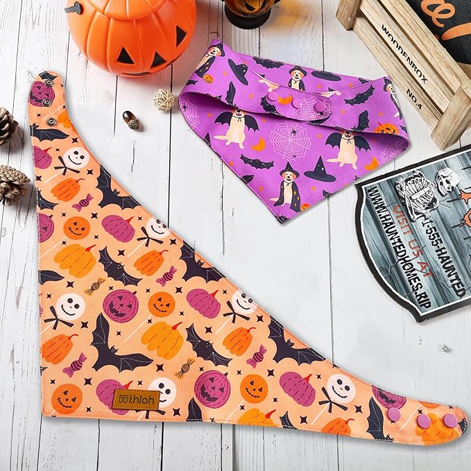 Halloween Dog Bandanas - 2 Pack Purple Dog Bandana with Snap Button | Reversible Pet Scarf for Boy & Girl | Premium Durable Fabric | Holiday Bandana for Medium and Large Dogs (Large)