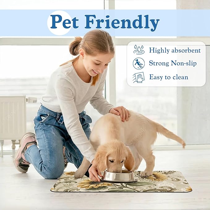 Vintage Sunflower Pet Feeding Mat for Floors–Christmas Stocking Absorbent Quick Dry Dog Cat Bowl Mat for Food and Water, Non Slip Waterproof Base, Mess-Free Feeding Accessories 16"x24"