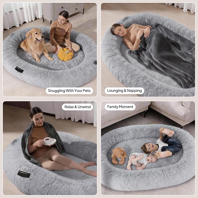 Giant Human Dog Bed for Adults and Pets, 74"x50"x12" Durable Memory Foam for Full-Body Comfort, Waterproof & Machine Washable Cover, Family Shared Lounger for Any Room, Grey
