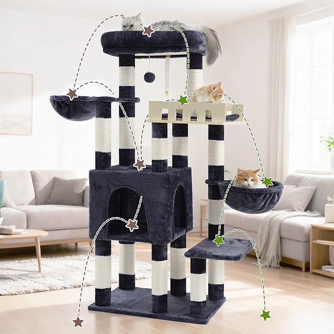 Cat Tree for Indoor Cats Large Adult, Heavy Duty Cat Tree for Large Cats 20 lbs+, Cat Condo with Big Wooden Perch, Cat Tower with 14 Scratching Posts, Hammock, Smoky Gray GCT023G