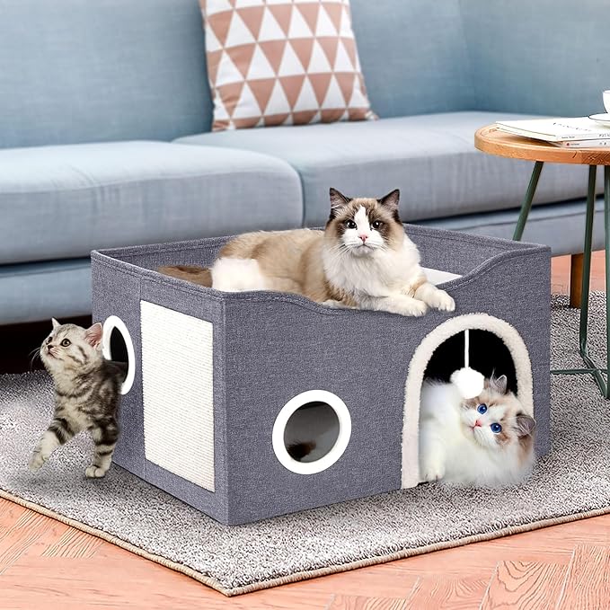 Heeyoo Cat House for Indoor Cats - Large Cat Bed Cave with Fluffy Ball and Scratch Pad, Foldable Cats Houses & Condos, Cat Hideaway, Covered Kitty Bed for Multi Small Large Kitty, 23.8x15.9x13.2 Inch